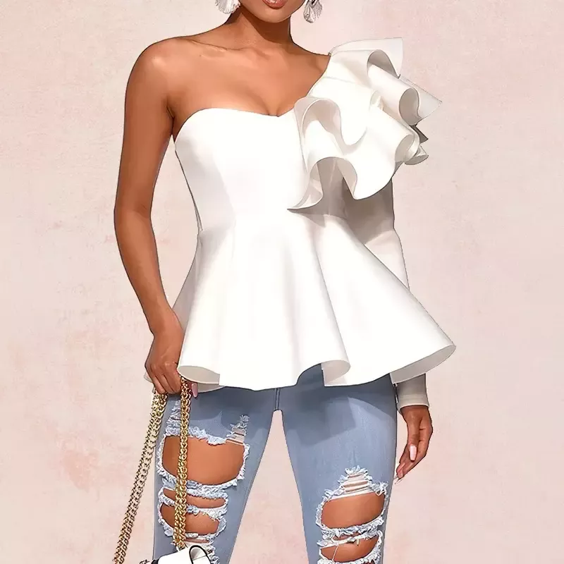 Top bustier péplum blanc asymétrique à volants