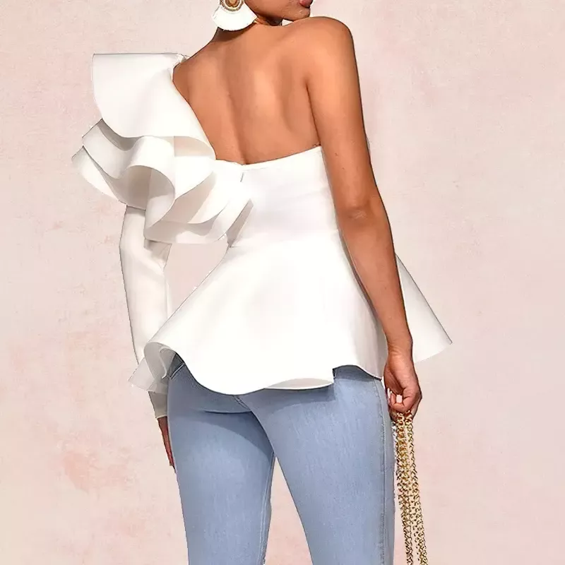 Top bustier péplum blanc asymétrique à volants