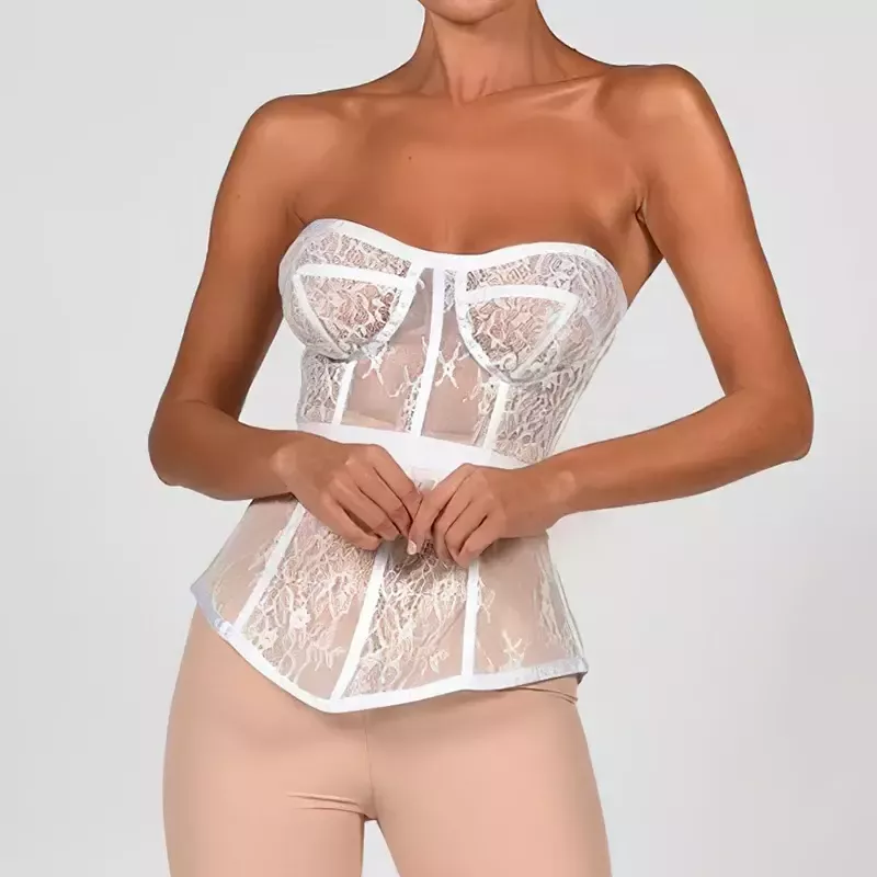 Bustier en dentelle blanc transparent à motif floral