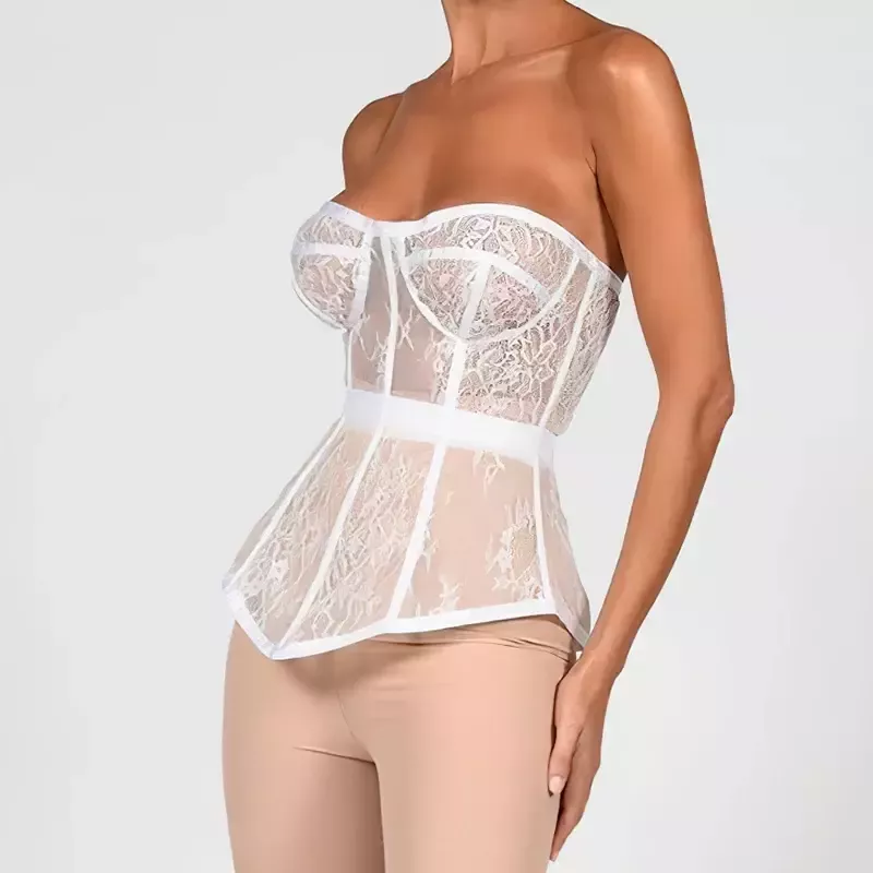 Bustier en dentelle blanc transparent à motif floral