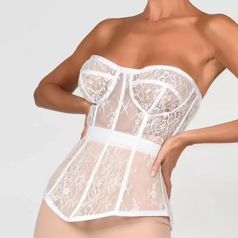 Bustier en dentelle blanc transparent à motif floral
