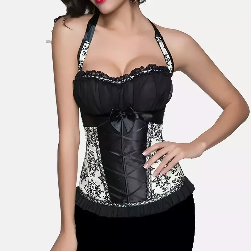 Corset en dentelle victorien à bretelles noir et crème
