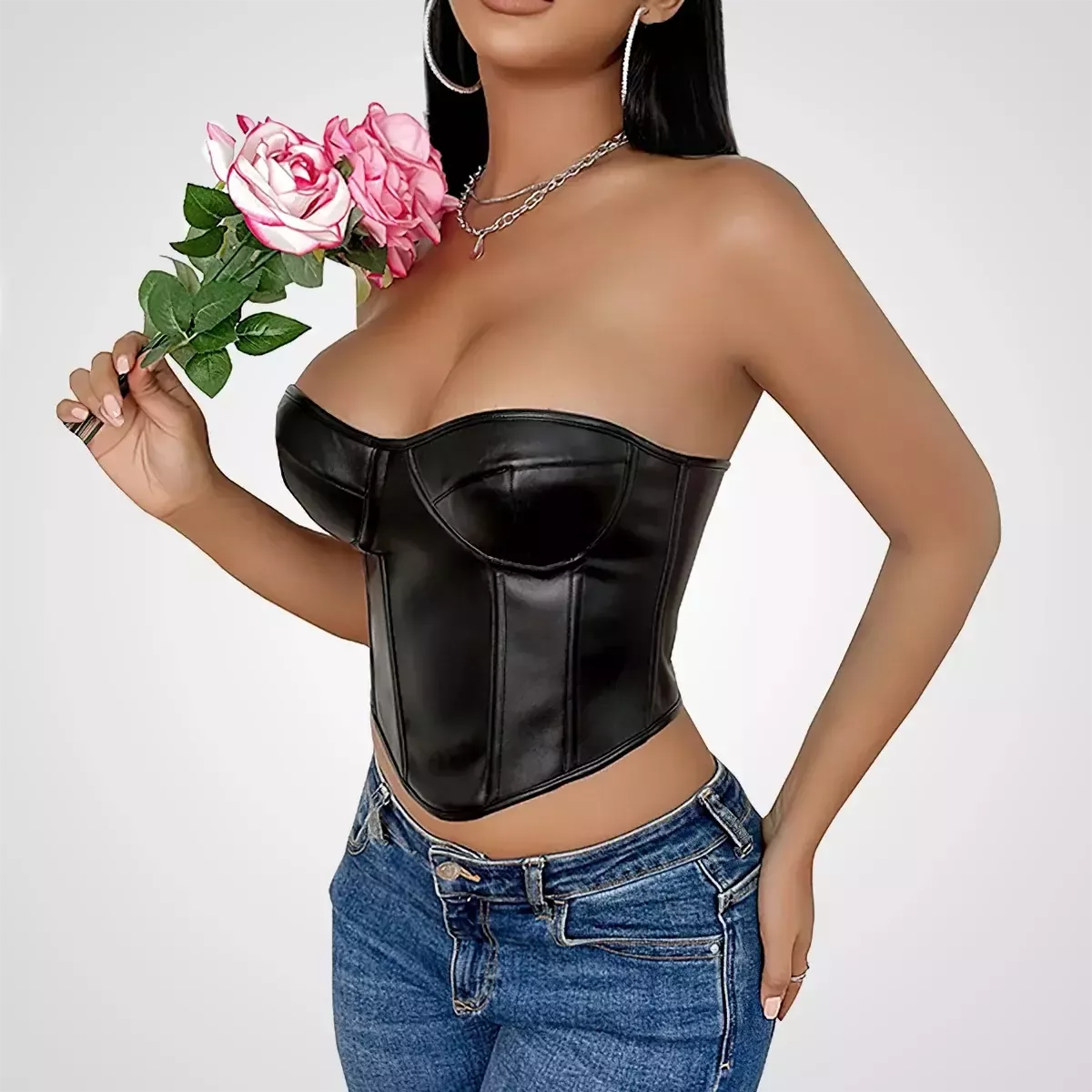Corset en cuir sexy noir court bustier