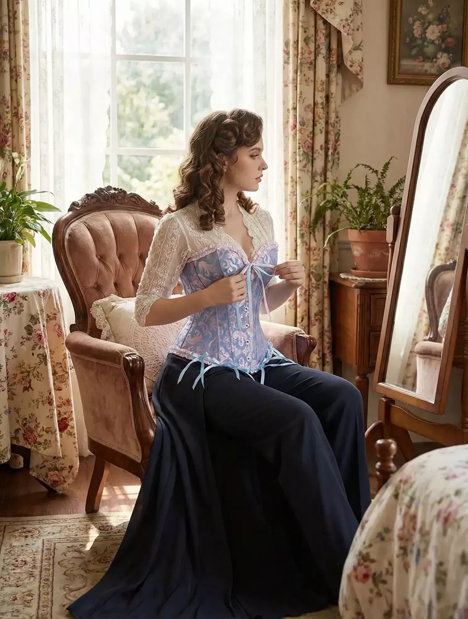 Corset bleu et rose bustier